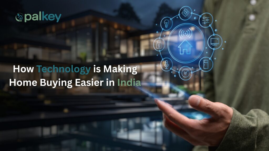 A hand holding a digital tablet with a glowing blue, circular interface of smart home and real estate icons overlaying a blurred, luxurious modern house. The text asks: "How Technology is Making Home Buying Easier in India."