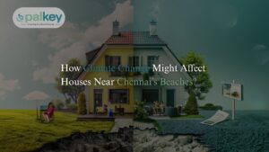 A surreal image of a house split between a sunny, green lawn on the left and a barren, cracked, and dark, flooded landscape on the right. Text asks: "How Climate Change Might Affect Houses Near Chennai's Beaches?".