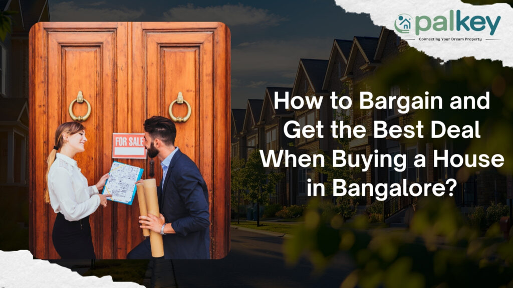 A real estate agent and a buyer discussing documents in front of a heavy wooden door with a 'FOR SALE' sign, with a background of modern townhouses. The text overlay is: "How to Bargain and Get the Best Deal When Buying a House in Bangalore?".