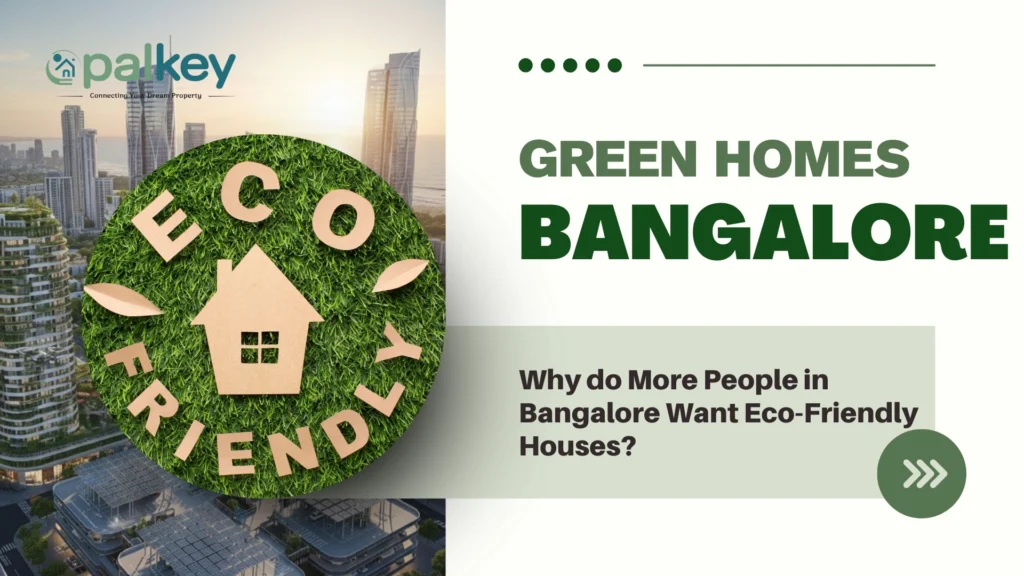 A promotional graphic for "Opalkey" with the text "GREEN HOMES BANGALORE" and a question, "Why do More People in Bangalore Want Eco-Friendly Houses?". The image features a large, round patch of green grass with the words "ECO FRIENDLY" spelled out in cutout letters. The background shows a modern city skyline with tall buildings and a bright sky.