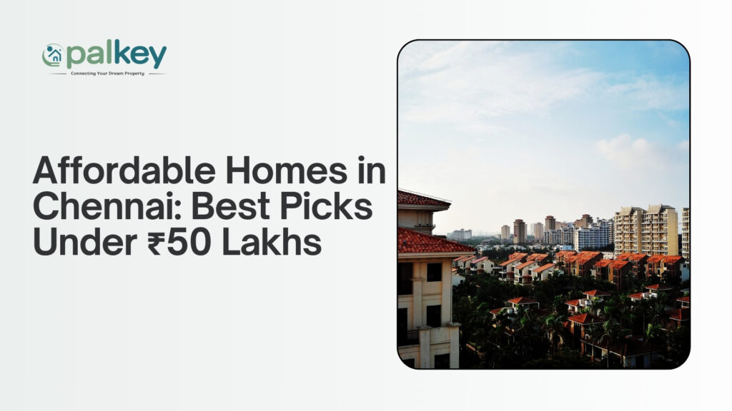 View of a densely packed, modern residential community with red-tiled roofs, representing affordable housing options. The text reads: "Affordable Homes in Chennai: Best Picks Under ₹50 Lakhs."