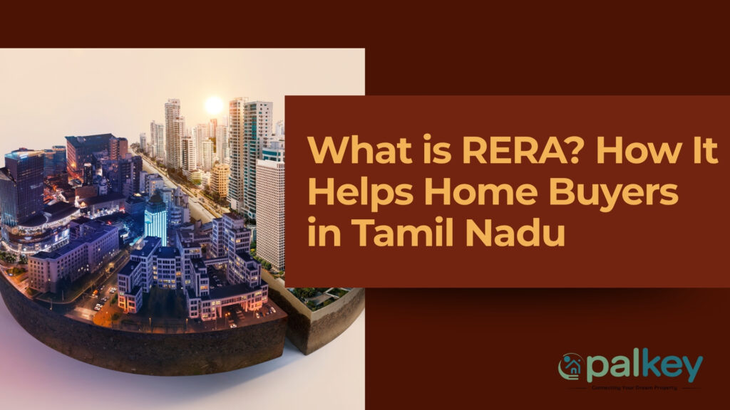 A miniature, curved cityscape showing buildings at sunrise and night, symbolizing the real estate world. The text asks: "What is RERA? How It Helps Home Buyers in Tamil Nadu."