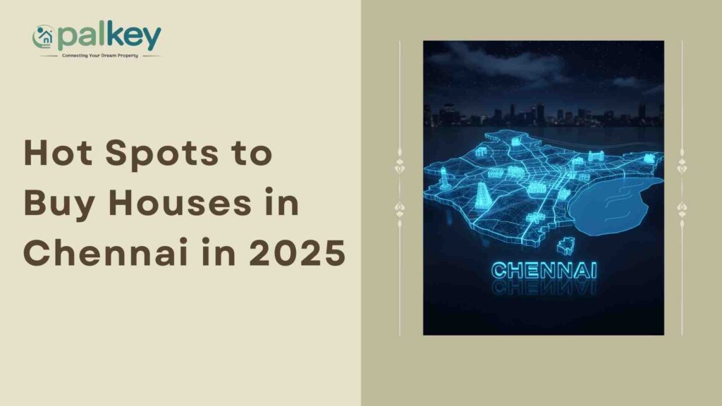 A futuristic, illuminated digital map of Chennai city with a coastal outline and holographic urban zones. The text reads: "Hot Spots to Buy Houses in Chennai in 2025.