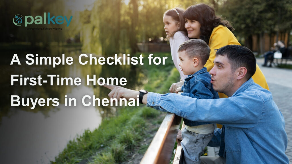 A smiling family (parents and two young children) looking and pointing toward a serene lake or river. The text reads: "A Simple Checklist for First-Time Home Buyers in Chennai."