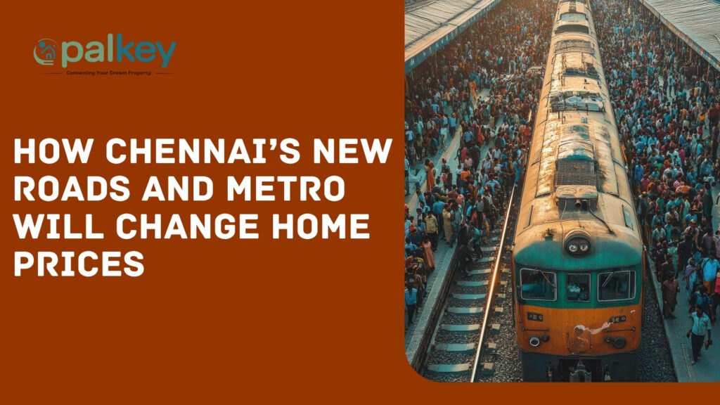 A crowded railway platform in Chennai with a train waiting. The text asks: "HOW CHENNAI'S NEW ROADS AND METRO WILL CHANGE HOME PRICES."