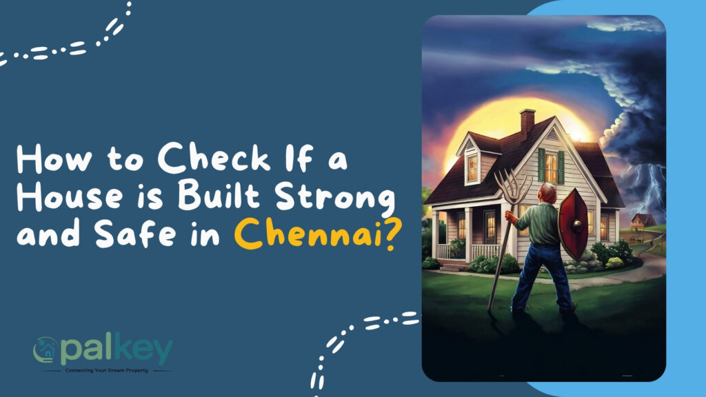 A symbolic illustration of an elderly homeowner with a pitchfork and shield defending his house against a severe storm with lightning. The text asks: "How to Check If a House is Built Strong and Safe in Chennai?".