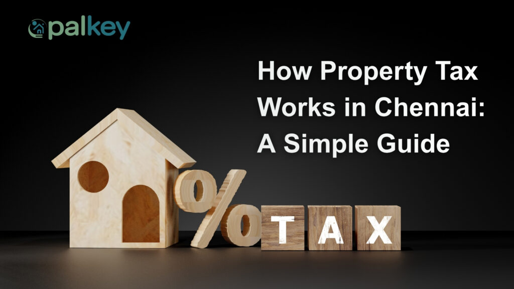 A small wooden house model next to a percentage sign (%) and wooden blocks spelling 'TAX', representing property valuation. The text reads: "How Property Tax Works in Chennai: A Simple Guide."