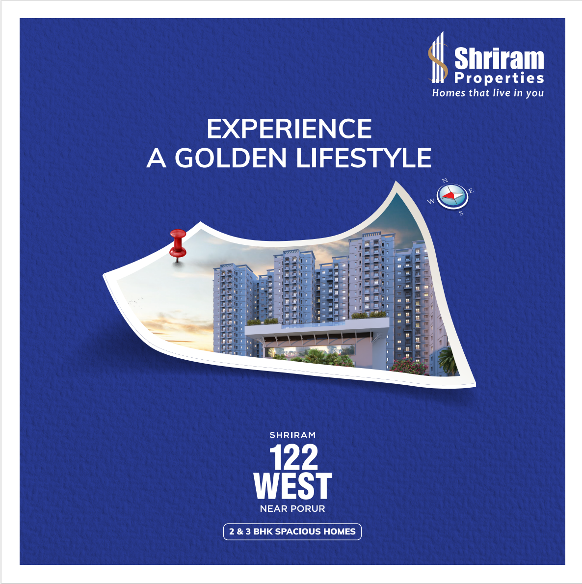 Shriram 122 West: Apartments Near Porur A blue and gold-bordered promotional image for Shriram 122 West. The text "SHRIRAM 122 WEST NEAR PORUR" is prominently displayed in white. The contact number "799 6000 474" is listed below. The top corners include "T&C Apply," the RERA registration number "TN/29/BUILDING/0459/2023," and "INVESTMENT PARTNER ASK Property Fund." The bottom includes legal information about the CMDA and Panchayat permits.