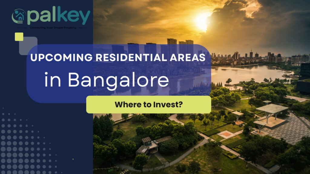 A promotional graphic for "palkey" with the question "UPCOMING RESIDENTIAL AREAS in Bangalore - Where to Invest?". The image features a vibrant cityscape with modern high-rise buildings and lush parkland bordering a lake at sunset.