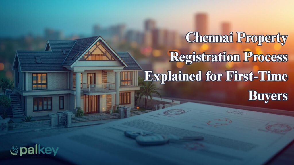 A modern house and real estate documents with keys, featuring the text "Chennai Property Registration Process Explained for First-Time Buyers" and the Opalkey logo.