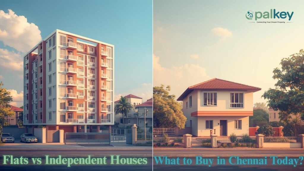 A modern luxury house with property registration documents and keys in the foreground against a Chennai city skyline, featuring the text "Chennai Property Registration Process Explained for First-Time Buyers" and the Opalkey logo.