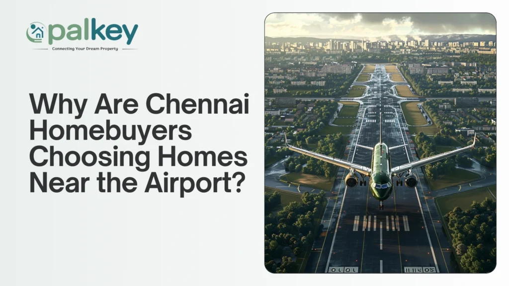 An airplane taking off from a runway with a city skyline in the background. The text on the left side reads, "Why Are Chennai Homebuyers Choosing Homes Near the Airport?"