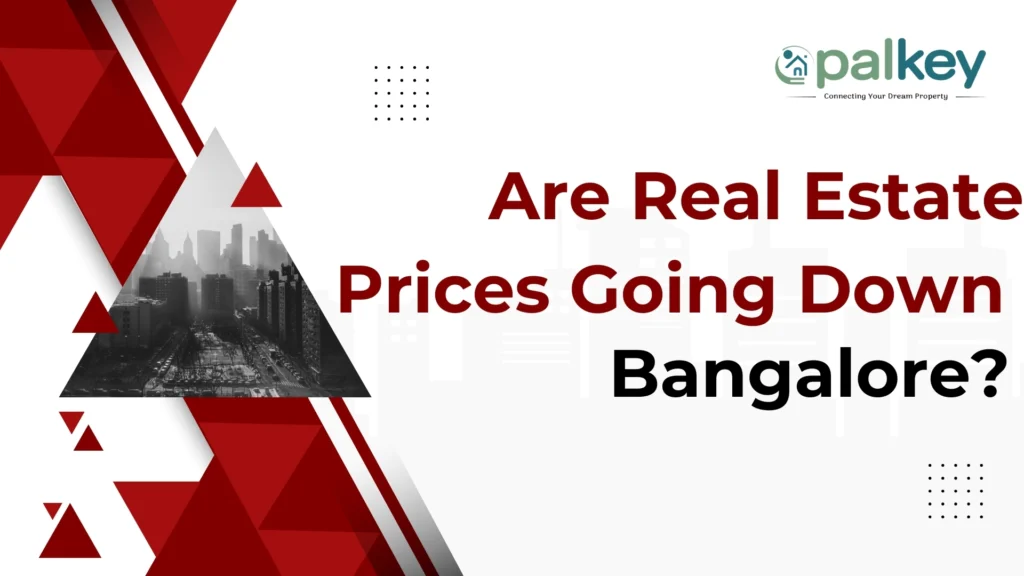 A promotional graphic for a real estate inquiry, featuring the question "Are Real Estate Prices Going Down in Bangalore?". The graphic has a red and gray geometric design on the left, with an image of a city skyline. The "Opalkey" logo is in the top right corner.