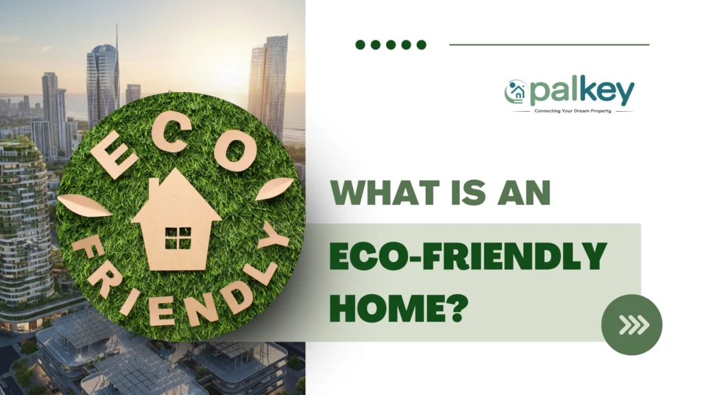 A promotional graphic for "Opalkey," a real estate service, with the question "WHAT IS AN ECO-FRIENDLY HOME?". The image features a round, grassy patch with a cardboard cutout of a house at its center. The words "ECO FRIENDLY" are spelled out on the grass. The background shows a modern city skyline and the "Opalkey" logo in the top right corner.