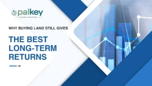 A promotional graphic for "Opalkey," a real estate service, with the text "WHY BUYING LAND STILL GIVES THE BEST LONG-TERM RETURNS". The graphic features a large, stylized chart showing rising lines and bar graphs, symbolizing growth and returns. The background is a combination of white and blue with a geometric design.