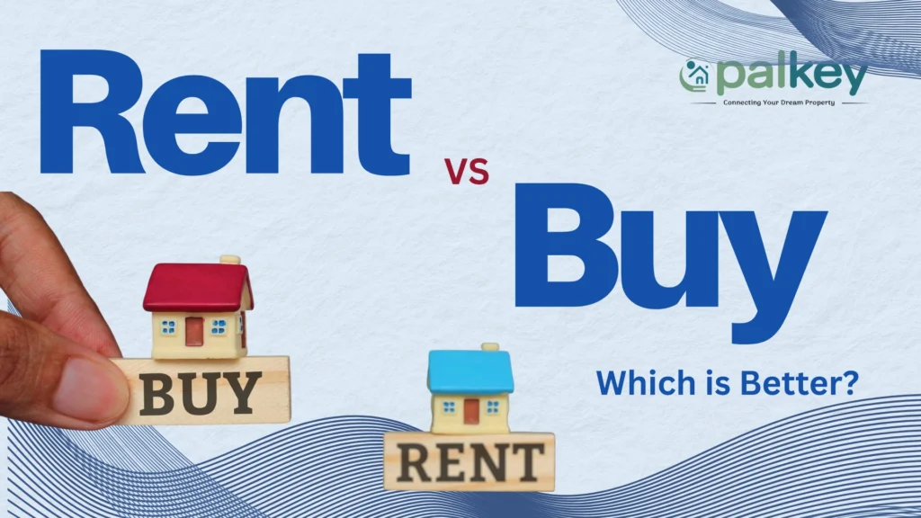 A graphic comparing "Rent vs Buy," featuring two miniature toy houses on small wooden blocks. One house is red with "BUY" written on its block, held by a hand. The other is blue with "RENT" on its block. The text "Which is Better?" is on the right side. The "Opalkey" logo is in the top right corner. The background has a blue and white striped pattern.