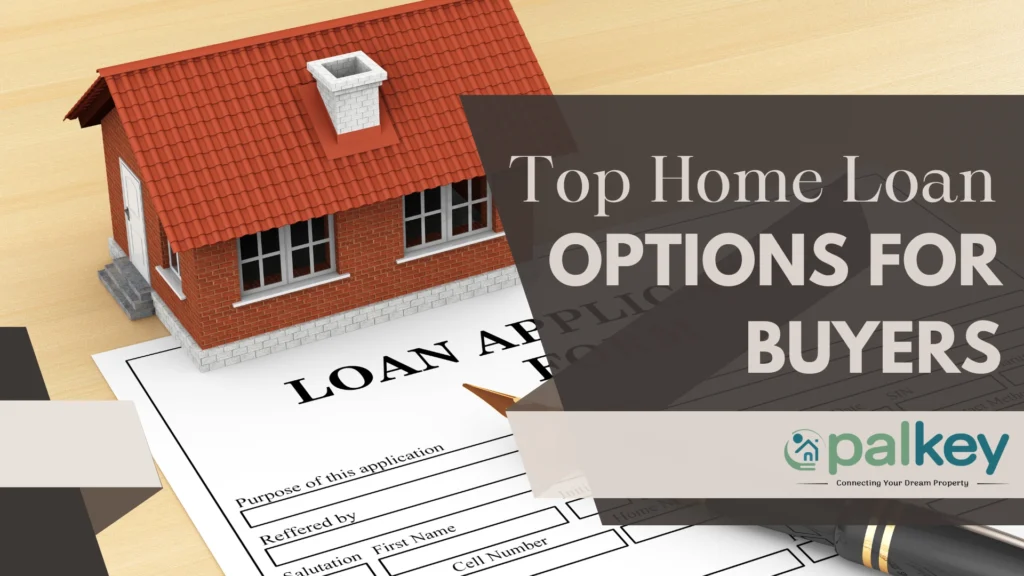 A graphic with the text "Top Home Loan OPTIONS FOR BUYERS". The image features a loan application form, a calculator, a miniature red-brick house, and a pen. The "Opalkey" logo is in the bottom right corner.