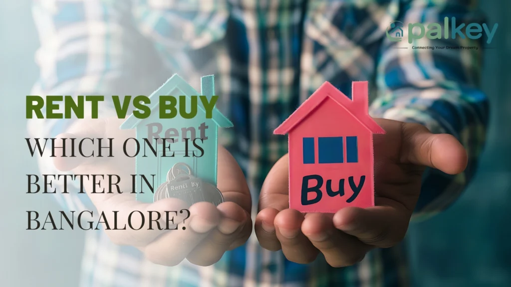 A graphic comparing "Rent vs Buy" in Bangalore. The image shows a hand holding a red miniature house on a block labeled "Buy" and a blue miniature house on a block labeled "Rent," with a small lock and key. The main text asks, "WHICH ONE IS BETTER IN BANGALORE?". The background is a blurry shot of a person in a plaid shirt. The "opalkey" logo is in the top right corner.
