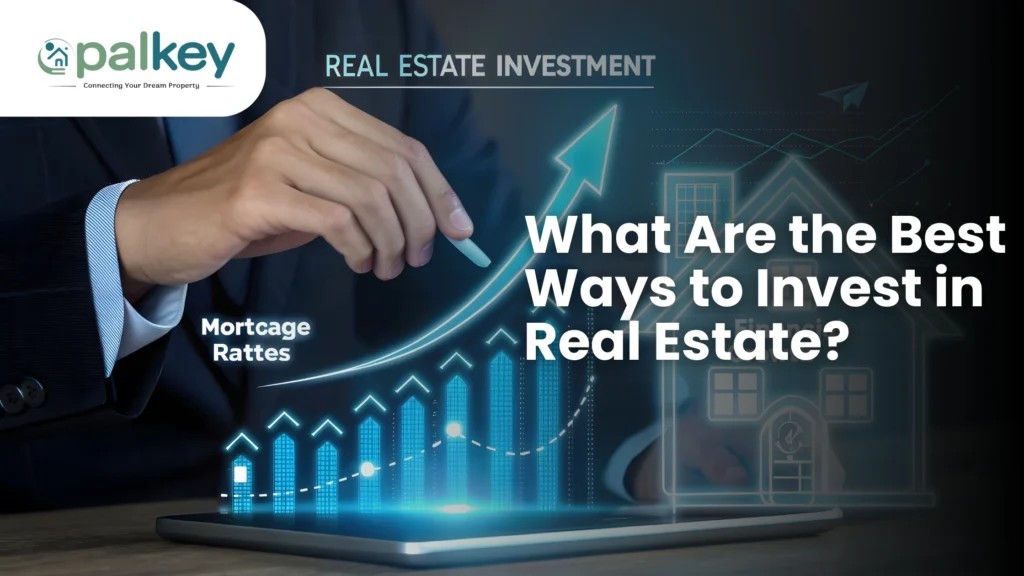 A promotional graphic for "Opalkey" with the question "Are Real Estate Prices Going Down Bangalore?". The graphic has a red and gray geometric design on the left, with an image of a city skyline.