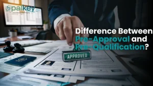 A promotional graphic for "Opalkey" with the question "Difference Between Pre-Approval and Pre-Qualification?". The image features a business professional's hand stamping an official document with a green "APPROVED" stamp.