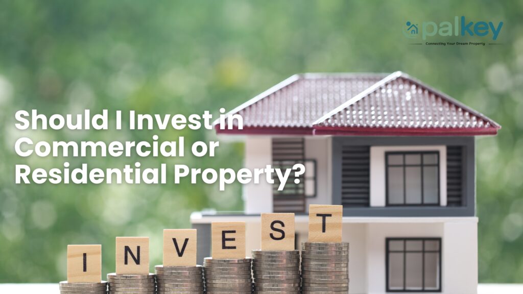 A promotional graphic for "Opalkey" asking "Should I Invest in Commercial or Residential Property?". The image features a small residential house model behind wooden blocks spelling "INVEST" stacked on increasing piles of coins, symbolizing real estate investment.