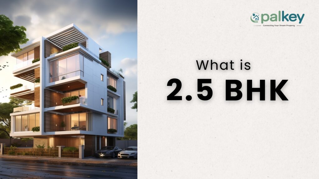 A modern, luxury apartment building with large glass windows and balconies. The text asks: "What is 2.5 BHK?" with the OpalKey logo in the top right corner.