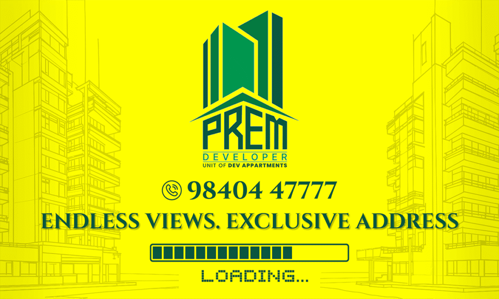 A bright yellow advertisement for Prem Developer featuring a green logo of three buildings. The text reads "PREM DEVELOPER," with a phone number "98404 47777" and the tagline "ENDLESS VIEWS. EXCLUSIVE ADDRESS." A loading bar and the word "LOADING..." are at the bottom. The background shows line art of various buildings.