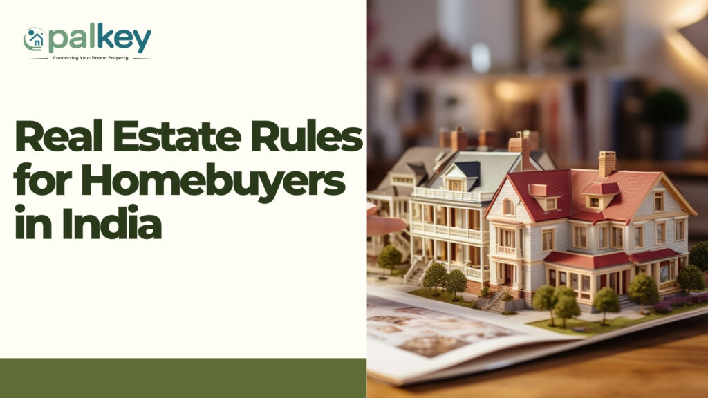 A hand points to a small architectural model of three detailed, multi-story houses lying open on a magazine. The text reads: "Real Estate Rules for Homebuyers in India.