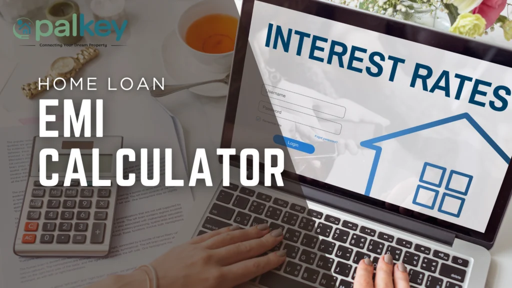 A promotional graphic for "Opalkey" with the question "HOME LOAN EMI CALCULATOR". The image shows a close-up of a laptop displaying a login screen with "INTEREST RATES" as the title, along with a calculator on the side. A hand is positioned over the laptop keyboard.