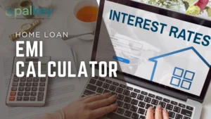 A promotional graphic for "Opalkey" with the question "HOME LOAN EMI CALCULATOR". The image shows a close-up of a laptop displaying a login screen with "INTEREST RATES" as the title, along with a calculator on the side. A hand is positioned over the laptop keyboard.