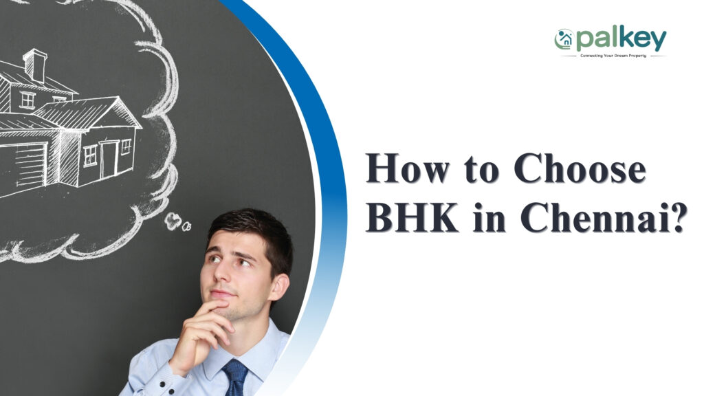 A man in a formal shirt and tie thoughtfully looking up at a hand-drawn sketch of a house in a thought bubble on a chalkboard. The text asks: "How to Choose BHK in Chennai?".