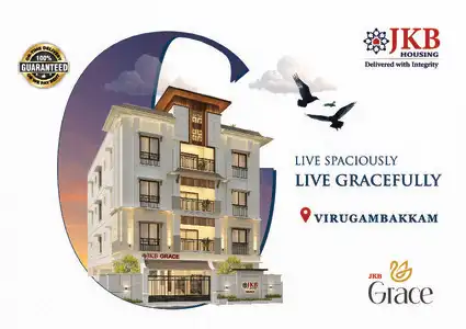 Modern exterior architectural rendering of JKB Grace, a boutique stilt + 3 floor apartment building in Virugambakkam, Chennai. The design features a classic white facade with gold accents, balconies with black railings, and a prominent 'JKB Housing' logo.