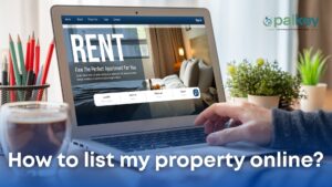 A promotional graphic for "palkey" with the question "How to list my property online?". The image features a person's hand typing on a laptop. The screen displays a property listing website with the large title "RENT" and search fields, symbolizing the process of online property advertisement.