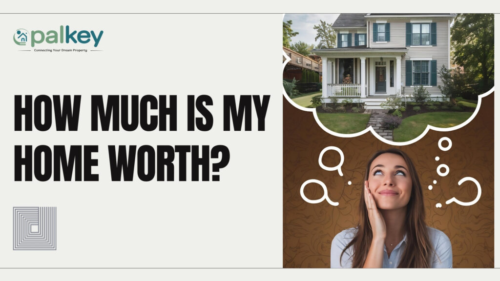 A promotional graphic for "Opalkey" with the question "HOW MUCH IS MY HOME WORTH?". The image features a thoughtful woman looking up at a thought bubble containing a clear photo of a large, well-maintained two-story detached house with a porch.