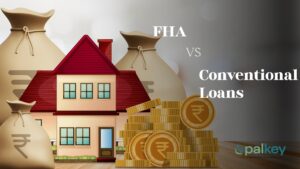 A graphic comparing "FHA vs Conventional Loans" (US terms) featuring a detached house model, stacks of gold coins, and large money bags, all marked with the Indian Rupee symbol (₹), promoting mortgage comparison.