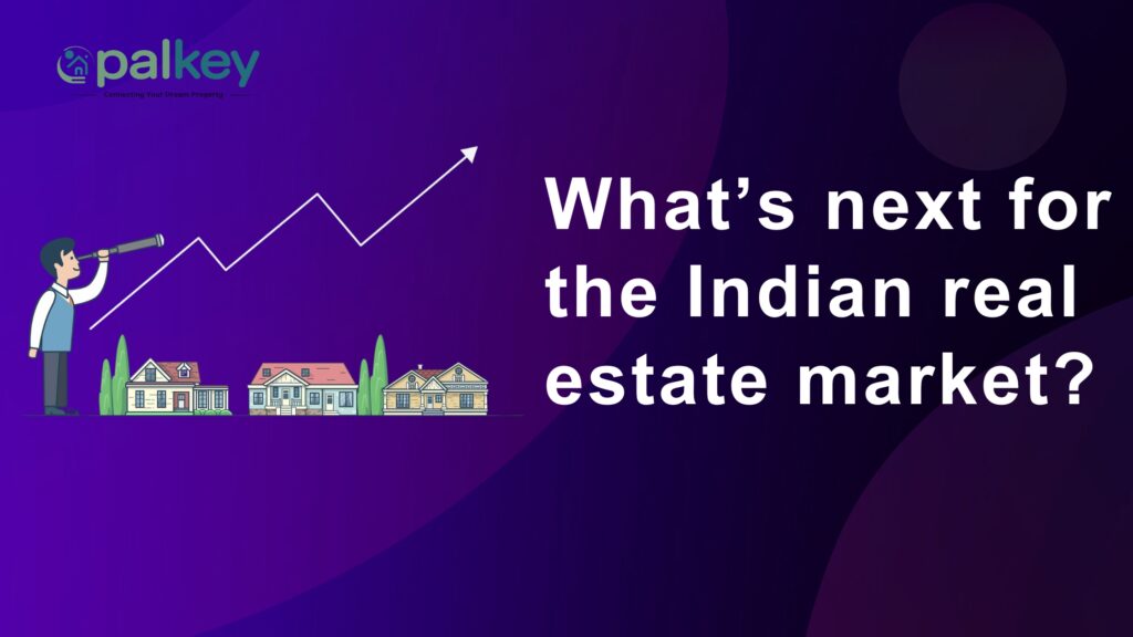 A promotional graphic for "palkey" with the question "What's next for the Indian real estate market?". The image features a man in business attire looking through a telescope at a sharply rising white graph line plotted over small, stylized houses, symbolizing market forecasting and optimism.