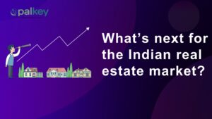 A promotional graphic for "palkey" with the question "What's next for the Indian real estate market?". The image features a man in business attire looking through a telescope at a sharply rising white graph line plotted over small, stylized houses, symbolizing market forecasting and optimism.