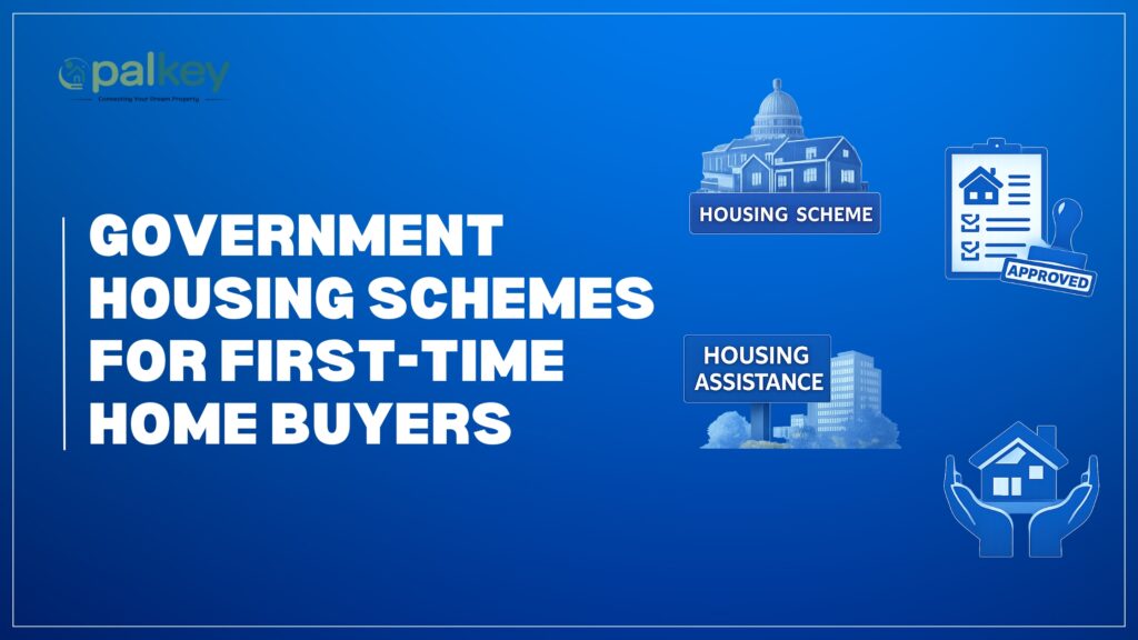 A promotional graphic for Opalkey titled "GOVERNMENT HOUSING SCHEMES FOR FIRST-TIME HOME BUYERS". The image features a bright blue background with various icons: a white building icon representing a "HOUSING SCHEME," a sign for "HOUSING ASSISTANCE," a "STAMPED APPROVED" checklist, and a pair of hands cradling a small house.