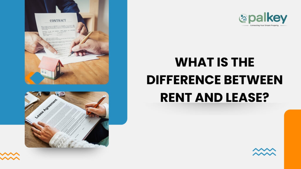 A promotional graphic for "Opalkey" with the question "WHAT IS THE DIFFERENCE BETWEEN RENT AND LEASE?". The left side features two close-up photos: one of hands reviewing a "CONTRACT" document next to a model house, and another of a person signing a "Lease Agreement" document. The graphic is bordered by blue and orange geometric shapes.