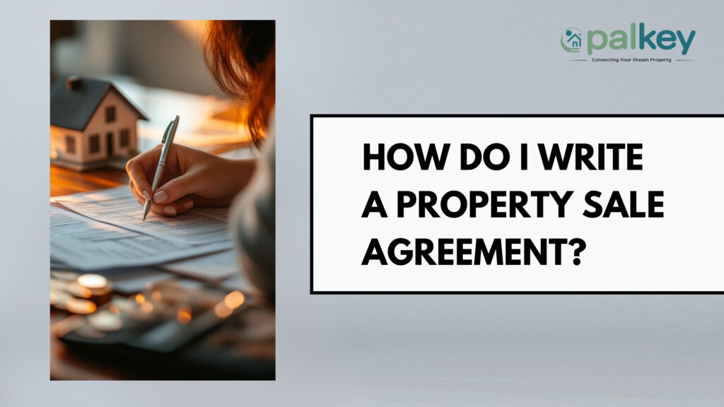 A promotional graphic for Opalkey with the text "HOW DO I WRITE A PROPERTY SALE AGREEMENT?". The left side features a close-up, warm-toned photograph of a hand holding a pen, poised to sign a legal document. A small model house sits nearby on a wooden desk, symbolizing the property transaction.