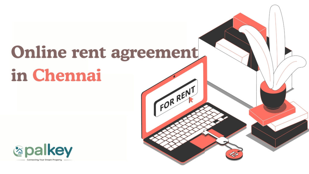 A digital illustration of a laptop showing a "FOR RENT" sign on the screen. A key with a '12' tag is resting on the keyboard. Beside the laptop are stacks of books, a box, and a potted plant, all stylized in red and white, illustrating the convenience of an Online rent agreement in Chennai.