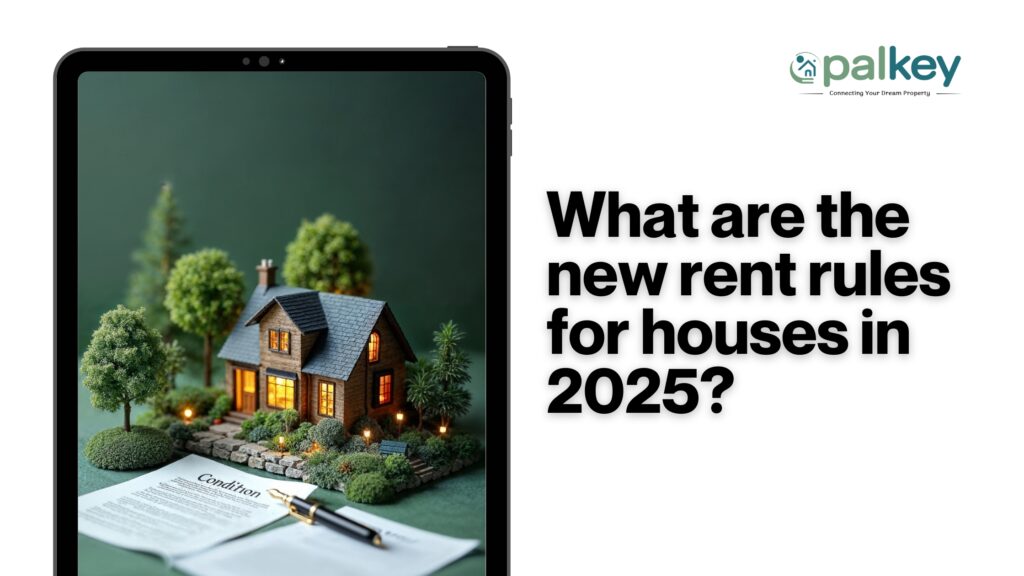 A graphic showing a miniature model of a lit-up house surrounded by trees and a signed document labeled "Condition" on a tablet screen. The title next to it reads: "What are the new rent rules for houses in 2025?"