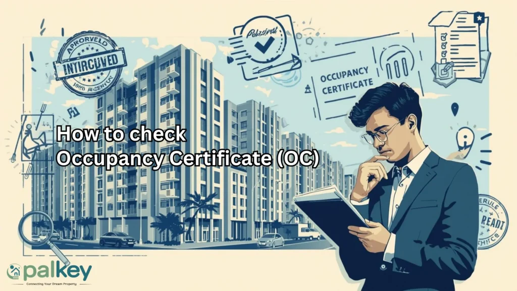 A promotional graphic for Opalkey titled "How to Check Occupancy Certificate (OC)". The image features a stylized, blue-toned illustration of several modern high-rise apartment buildings. In the foreground, a professional man in a suit is thoughtfully reviewing a document, with various legal and approval icons like a magnifying glass, a checklist, and an "APPROVED" stamp floating around him, symbolizing the process of property verification.