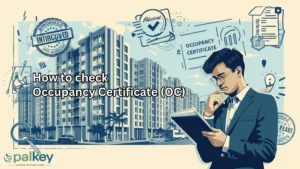 A promotional graphic for Opalkey titled "How to Check Occupancy Certificate (OC)". The image features a stylized, blue-toned illustration of several modern high-rise apartment buildings. In the foreground, a professional man in a suit is thoughtfully reviewing a document, with various legal and approval icons like a magnifying glass, a checklist, and an "APPROVED" stamp floating around him, symbolizing the process of property verification.