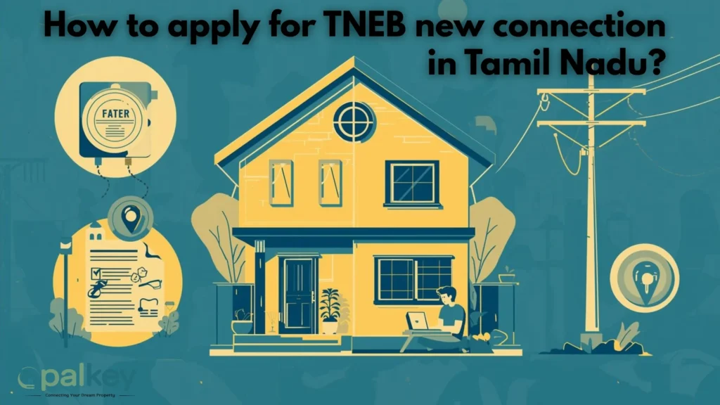 A digital, teal-toned graphic for Opalkey titled "How to Apply for TNEB New Connection in Tamil Nadu?". The image features a stylized two-story yellow house in the center. To the left, icons represent an electricity meter and a checklist for documentation. To the right, an electricity pole with wires and location pins signify the connection to the power grid, symbolizing the official utility application process.