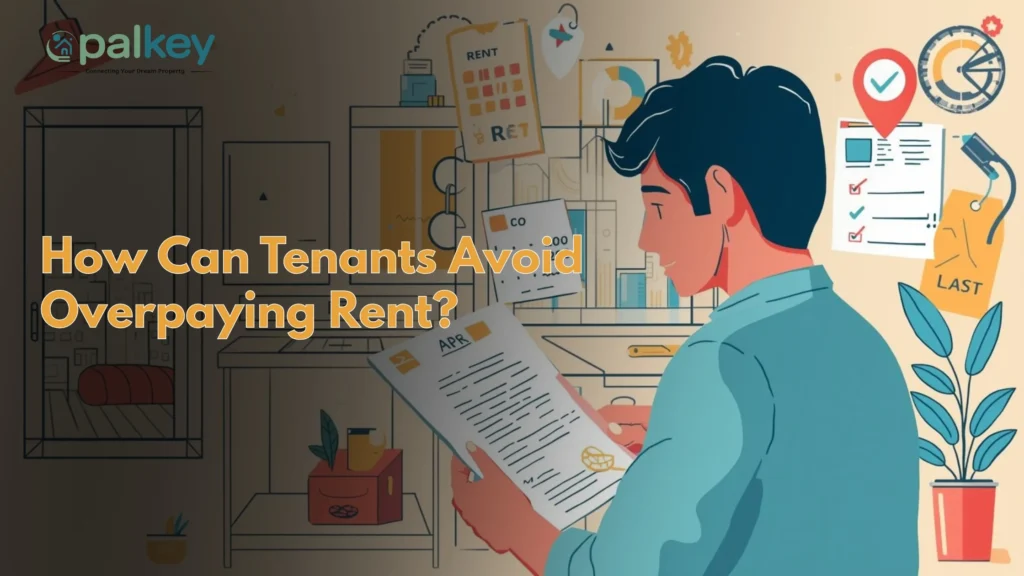 A promotional graphic for Opalkey titled "How Can Tenants Avoid Overpaying Rent?". The image features a thoughtful young man in a blue shirt reviewing a document with checkboxes. Around him are various icons representing rental life, including a "RENT" receipt, a clipboard with a checklist, a calendar, a location pin on a map, and a 3D-style pie chart, symbolizing the research and planning needed to secure a fair rental price.