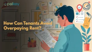 A promotional graphic for Opalkey titled "How Can Tenants Avoid Overpaying Rent?". The image features a thoughtful young man in a blue shirt reviewing a document with checkboxes. Around him are various icons representing rental life, including a "RENT" receipt, a clipboard with a checklist, a calendar, a location pin on a map, and a 3D-style pie chart, symbolizing the research and planning needed to secure a fair rental price.
