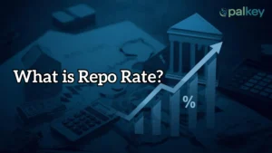 A promotional graphic for Opalkey titled "What is Repo Rate?". The image features a dark blue, low-light background with a central white graph showing a sharp upward trend. Above the graph is a 3D-style model of a classical bank building, while a large percentage (%) sign sits at the base of the arrow, symbolizing the impact of the RBI's benchmark interest rate on the economy.