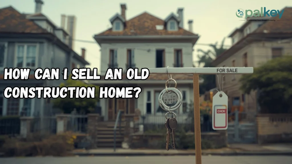 A promotional graphic for Opalkey titled "How Can I Sell an Old Construction Home?". The image features a realistic, cinematic photograph of a classic, two-story white house with a terracotta roof. In the foreground, a "FOR SALE" signpost holds a set of house keys hanging from a ring, with blurred residential buildings in the background, symbolizing the process of putting a vintage property on the market.