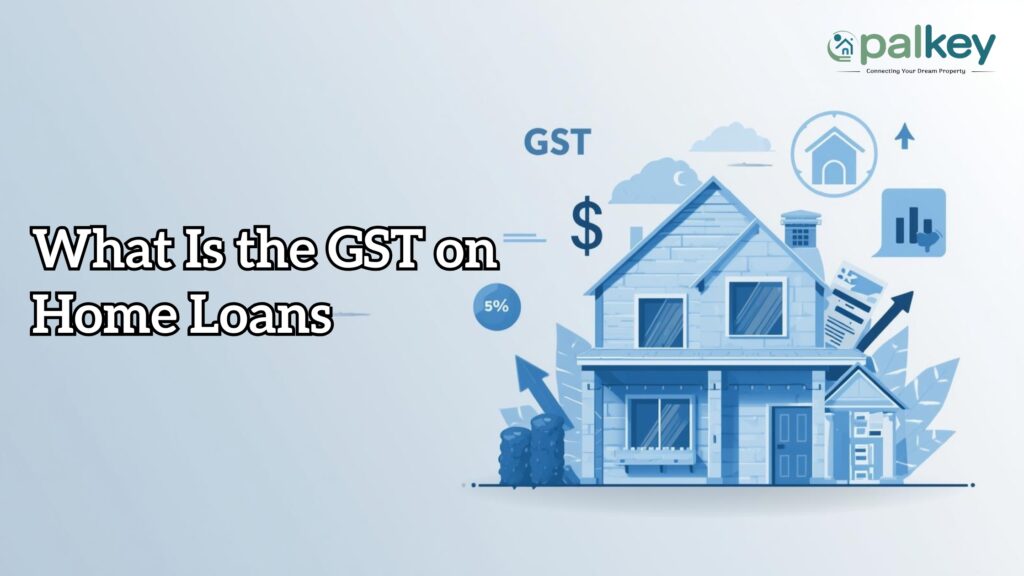 A promotional graphic for Opalkey titled "What Is the GST on Home Loans". The image features a bright blue and white theme with a stylized illustration of a blue-colored house. Surrounding the house are various 3D-style financial icons, including a large dollar sign ($), the text "GST," a calendar, floating blue clouds, and a rising growth arrow, symbolizing the tax implications and financial growth associated with homeownership.